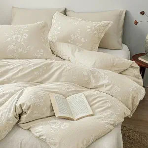 PHF Stone-Washed 100% Cotton Duvet Cover Set King Size, Ultra Soft, Breathable, Floral Jacquard Design Elegant Comforter Cover 3pcs, No Filling Bedding Set with 2 Pillow Shams, 104"x90", Oak