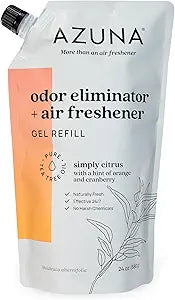 Azuna Air Freshener and Odor Eliminator for Strong Odor Gel 24oz Refill Pouch with Tea Tree Oil | Plant-Based & Long Lasting | Pet, Smoke, Home and Bathroom | Simply Citrus | Lasts 6090 Days