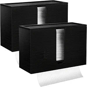 2PCS Bamboo Paper Towel Dispenser, Black Paper Towel Holder with Lids Wall Mount or Countertop for Multifold, C Fold, Z fold, Trifold Hand Towels Napkin Holder for Bathroom Toilet and Kitchen