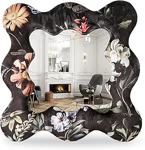 Irregular Wavy Wall Mirror: 24" Large Scalloped Mirror with Flannel Wrapped - Decorative Vintage Mirror Ornate for Bedroom/Entryway/Hallway/Fireplace - Home Decor for Living Room