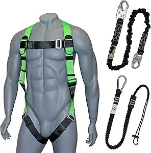 AFP Universal Full-Body Fall Protection Safety Harness with Dorsal D-Ring and Mating Buckle Legs | High-Visibility Green | Shock Absorbing Lanyard & Tool Lanyard (OSHA/ANSI)