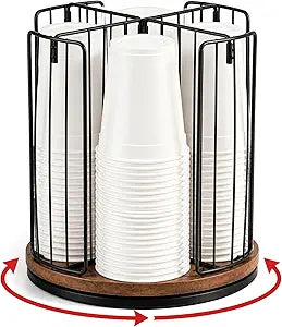 Geelin 4 Compartment 9.3 x 8.8 Inch Coffee Cup Dispenser, Rotating Mug Holder, Black Wire Disposable Coffee Mug Dispenser Removable, Plastic Cup Storage and Lid Holder for Kitchen, Cabinet Storage