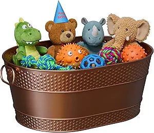 Indestructible Metal Dog Toy Bin: Copper Pet Toy Storage Basket for Living Room Area, Sturdy Chew Proof Puppy Toy Box with Handle, Large Capacity 25-Quart (1 Pack, Copper, Oval)