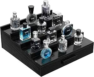 Walnut Wood Cologne Organizer for Men,4 Tier Cologne Stand,Perfume Stand Organizer,Cologne Shelf Display Holder with Hidden Storage and Drawer,Great Gift for Men,Black