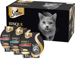 Sheba Bisque Lickable Cat Treats & Cat Food Toppers, Chicken, Tuna and Salmon Recipes, 1.4 oz. Bowls, 24 Count