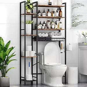 Kalrin 8-Tier Over The Toilet Storage with Side Rack, Over Toilet Storage Rack with Adjustable Shelf & Drain Basket, Freestanding Bathroom Organizer for Balcony, Laundry (Vintage Brown)