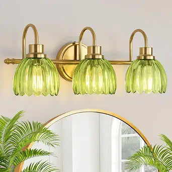 Bathroom Light Fixtures (3-Light, 20 Inch), Brushed Gold Vanity Lights for Bathroom with Ribbed Green Tulip Glass Shade, Vintage Vanity Wall Lights for Mirror Bedroom Living Room Hallway