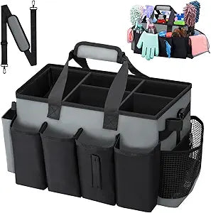 Wearable Large Cleaning Caddy Bag for Housekeeper, Clean Supply Organizer with Adjustable Shoulder, Waist & Handle Straps, Detailing Bag for Kitchen Supplies (Black&Gray)