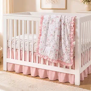 Hahafelt 3 Pieces Pink Floral Crib Bedding Set for Girls, Ruffle Baby Comforter, Fitted Sheet & Dust Ruffle Skirt, Soft Boho Nursery Bedding for Newborn Infant Toddler, Fits Standard Crib Mattress