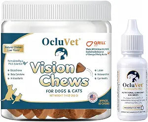 OcluVet Bundle Eye Supplements for Dogs & Cats | Vision Chews with Omega-3 for All Ages | Includes 60 Chicken Liver Flavored Chews & Pet Eye Drops, 16 mL | Antioxidants & 2% NAC for Cataracts