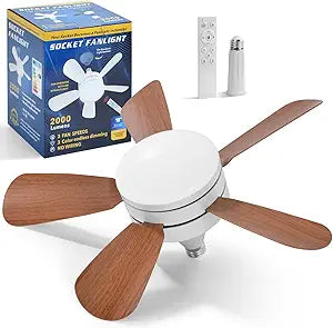Socket Ceiling Fan Light with Remote, Small Ceiling Fan with Lights, 3 Colors Dimmable LED Bulb, Easy Install Screw in E26/E27 Base for Bedroom Living Room Kitchen Garage, Wood Grain