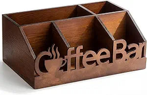 Coffee Station Organizer for Counter Wood Countertop Accessories Organizer Coffee Pods Holder Storage Basket for Pods Condiment Syrup Tea Cups Stirrers for Rustic Bar Decoration(Brown)