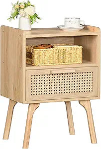 Lerliuo Rattan Nightstand, Boho Side Table with Drawer Open Shelf, Cane Accent Bedside End Table with Solid Wood Legs for Bedroom, Dorm and Small Spaces (Natural)