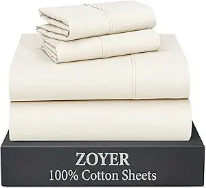 ZOYER 100% Cotton Sheets  Queen Size Percale Bedding, Cooling & Breathable, Durable with a Crisp, Soft & Comfortable Feel, 16" Deep Pocket, 4-Piece Set, Cream White