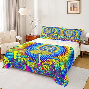 Erosebridal Psychedelic Yellow Blue Bed Sheets Set,Sheet Set Queen Size