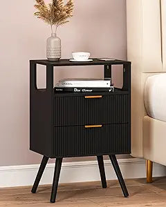 Leomonio Black Nightstand,Modern Bedside Table with 2 Storage Drawer and Open Wood Shelf, for Bedroom and Small Spaces,Night Stand with Solid Wood Legs