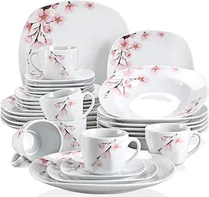 VEWEET Annie Porcelain Dinnerware for 6, 30-Piece Pink Floral Dish Set With Plates and Bowls Including Dinner, Dessert, Soup, Cups & Saucers