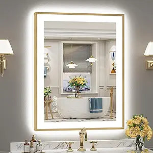 28x36 Gold LED Bathroom Mirror with Lights, Brushed Gold Framed Backlit and Front Lit Anti-Fog Lighted Vanity Mirrors for Bathroom Wall, Dimmable, 3 Colors, Memory, HD Tempered Glass, CRI90