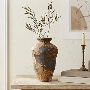 Small Stone Vase for Rustic Home Decor, Farmhouse Antique Pottery Vase Furniture&Table Flower Decorative, Round Terracotta Vases for Living Room Decor, Modern Rustic Concrete Clay Art Vases