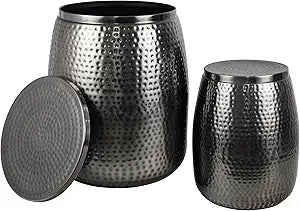 happimess SSL2002B-2SET Merida Modern Rustic 2-Piece Hammered Metal Drum Storage Side Tables with Lids, End Table for Decoration in Living Room, Bedroom, Bathroom, Antique Nickel