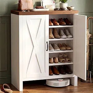 Shoe Cabinet, 5-Tier Shoe Storage Cabinets with Doors and Adjustable Shelves, Thickened Wood Freestanding for Entryway, Hallway, Closet, Organizer Rack, Walnut and White JSC005WWB