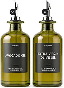 Verspace UV-Protected Green Glass Olive Oil Dispenser Bottles For Kitchen - 2 Pack - 17oz Includes 40 Kitchen Essential Labels, Avocado Oil Dispenser Set, Modern Decor for Home, Airbnb, Cafe