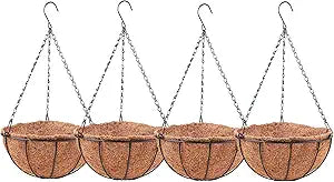 LaLaGreen Hanging Baskets for Plant Outdoor (4 Pack, 16 Inch) Extra Large Hanging Planter with Coco Liner Black Round Metal Wire Flower Pot Holder Hanger Deck Porch Garden Balcony Rustic Country Decor