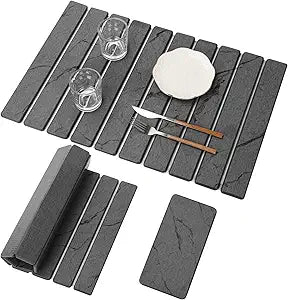 2 PCS Large Stone Dish Drying Mat for Kitchen Counter, Marbled Quick Dry Stone Dish Mats, Diatomaceous Earth Drying Pad, Foldable and Super Absorbent Dish Drying Stone Mat (Dark Gray 24"16" & 8"4")