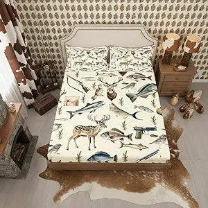 Erosebridal Hunting and Fishing Queen Bedding Set,Deer Hunting Fitted Sheet for Kids Boys Men,Big Bass Pike Fish Bed Sheets,Rustic Cabin Lake House Bed Set 3Pcs Room Decor (No Flat Sheet)