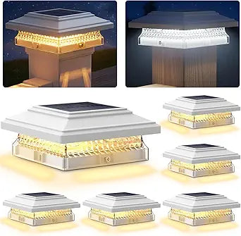 SIEDiNLAR Solar Post Cap Lights, 6 Pack 2 Modes 50 Lumens, 4x4 5x5 Vinyl/Wooden Posts Waterproof Outdoor Lighting for Deck Fence Patio, White/Warm (White)