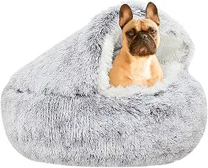 YUDANSI Small Dog Bed Hooded, Cat Cave Bed for Indoor Cats with Covered Hood for Small Dogs Cats Puppy, Plush Faux Fur Enclosed Nest(Gray-26'')