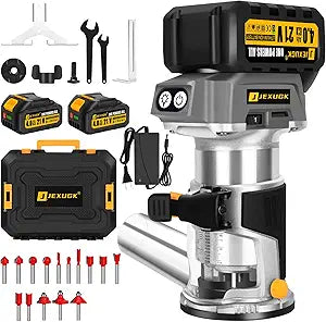 JEXUGK Brushless Cordless Wood Router, 21V Compact Trimmer Palm Router with 2x4.0Ah Battery, Portable Small Ruteador Para Madera 6 Speed with 15 PCS 1/4" Bits, Fresadora Para Madera for Woodworking