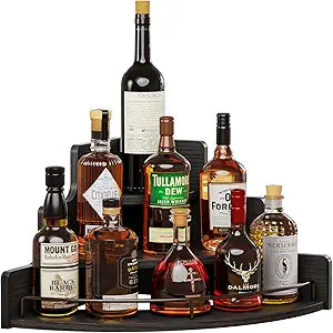 KLM Liquor Bottle Display Corner Shelf, Coffee Syrup Rack Organizer, 3 Step Countertop Liquor Wine Rack, mini bar, Liquor Cabinet, Home Retro Bar Shelf Stand for Liquor Whiskey. (Black)