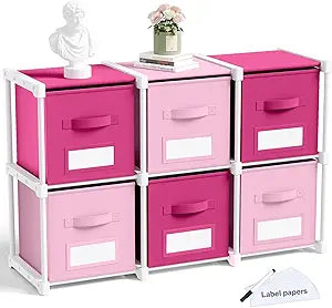 Geelin 6 Pink Cube Storage Organizer with Fabric Bins and Labels, 11 Inch Collapsible Toy Organizer Shelf Storage Bins Dresser Drawer for Girls Bedroom Nursery Playroom Room Decor