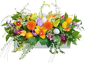 Artificial Tulip & Dahlia Table Centerpiece Lifelike Faux Flowers with Decorative Lemons & Greenery, Spring & Summer Tabletop Decor for Dining Room, Kitchen Island, Coffee Table, Weddings & Home