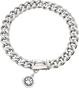 Chain Dog Collar 15mm Silver Cuban Link Dog Collar with Snap Buckle Silver Plated Stainless Steel Metal Dog Chain Collars for Puppy Small Medium Large Dogs Includes Dog tag & Bell(24")