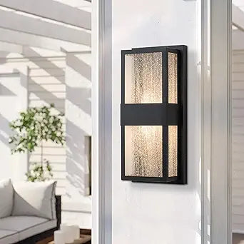 Modern Outdoor Lights Fixture, Led Wall Lights Indoor, Black Exterior Wall Sconce for House with Seeded Glass, 12W Outside Front Porch Light Outdoor Wall Mount, Patio Lights for Garage, Yard