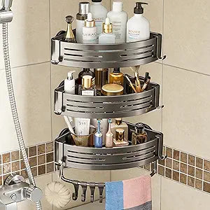 3Pcs Corner Shower Shelf Caddy Suction Cup, No Drill Hole with Towel Bar and Hook, Gray Bathroom Storage Rack, Zero Drill Triangle Shelves, Store Toiletries and Bath Towel for Bathroom Kitchen RV