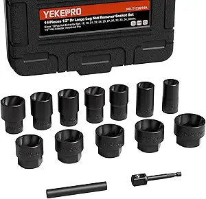 14-Piece 1/2" Drive Large & Deep Lug Nut Extractor Set (17-36mm)  Heavy Duty Socket Kit for Removing Stripped, Damaged, or Rounded Nuts