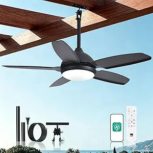 Orison 42" Plug-in Outdoor Ceiling Fan with Light for Patio, Gazebo & Porch, Black 5-Blade Hanging Fan, IP44 Waterproof, 6-Speed Quiet DC Motor, Remote & App Control, Dimmable 30006500K, Reversible