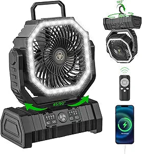 Rechargeable Camping Fan with LED Lantern, 20000mAh Auto-Oscillating Battery Operated Desk Fan with Remote&Hook, 8Γ Portable Fan for Picnic Fishing RV Jobsite Workshop Power Outages Hurricane(Black)