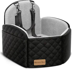 Dog Car Seat for Small/Medium Dogs, Memory Foam Puppy Car Seat Elevated Dog Booster Seat Up to 35 lbs, Fully Detachable Washable, Travel Safety Pet Seat with Storage Pockets (Black/Grey)
