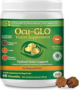 Ocu-GLO Cat & Dog Supplement for Eye Support - Chewable Vision Vitamins Supplements for Large and Small Pets Care with Lutein, Omega-3 Fatty Acids, Grape Seed Extract & Antioxidants