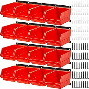 Maitys Wall Mounted Storage Bins Plastic Hanging Stackable Storage Parts Garage Tool Organizer for Screws, Nuts, Bolts, Nails, and Small Hardware Parts, 16x Bins & 4 x Rails(Orange)