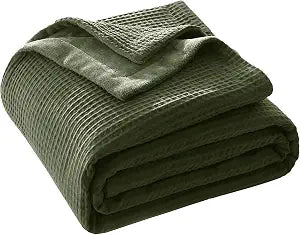 CHUFFED Cotton Waffle Blanket Queen Size - Plush Milk Velvet & Reversible Waffle Weave,Anti-Static 500Gsm DesignThick Cozy Soft Winter Blanket for Bed, Couch, Sofa - Olive Green, 90x90 Inches