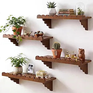 Pinkunn 4 Pcs Scalloped Wood Floating Shelves for Wall 16 Inch Floating Shelf with Wood Brackets Rustic Wall Shelf Bedroom Living Room Bathroom or Any Space