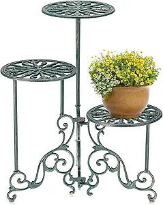 OwnMy 3 Tier Heavy Duty Cast Iron Plant Stand Foldable Wrought Iron Flower Pot Holder, Indoor Outdoor Tall Plant Stand Shelf for Garden Patio, Decorative Round Metal Plant Display Rack, Antique Green