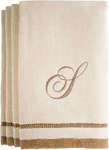 Monogrammed Gifts, Fingertip Towels, 11 x 18 Inches - Set of 4- Decorative Golden Brown Embroidered Towel - Extra Absorbent 100% Cotton- Personalized Gift- For Bathroom/ Kitchen- Initial S (Ivory)