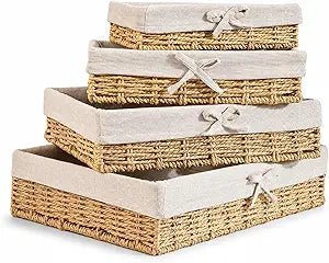 Baskets for Shelves Set of 4, Shallow Wicker Storage Baskets with Linen Liners, Decorative Woven Paper Rope Bins for Pantry, Bathroom, Closet, Bedroom Organization, Khaki