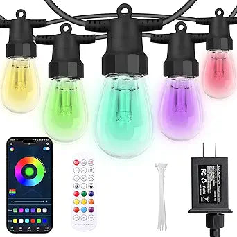 CAWWS Outdoor String Lights 50FT, Outdoor Lights for Patio with 20 Dimmable RGBW LED Bulbs, IP66 Waterproof Shatterproof, with APP Control & Remote, 24V Adapter Color Change,for Backyard Dcor